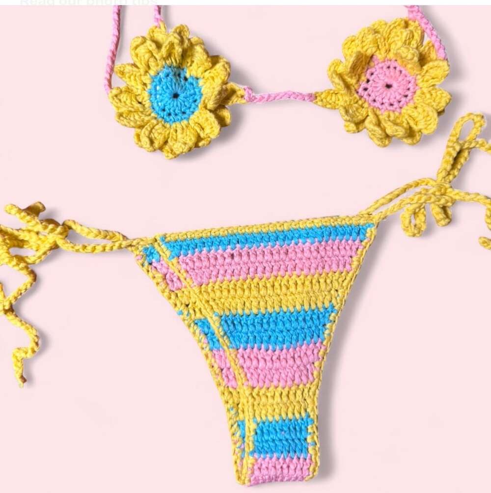 SHEIN Multicolor Crochet Floral Bikini Set Sunflower Top and Striped Thong